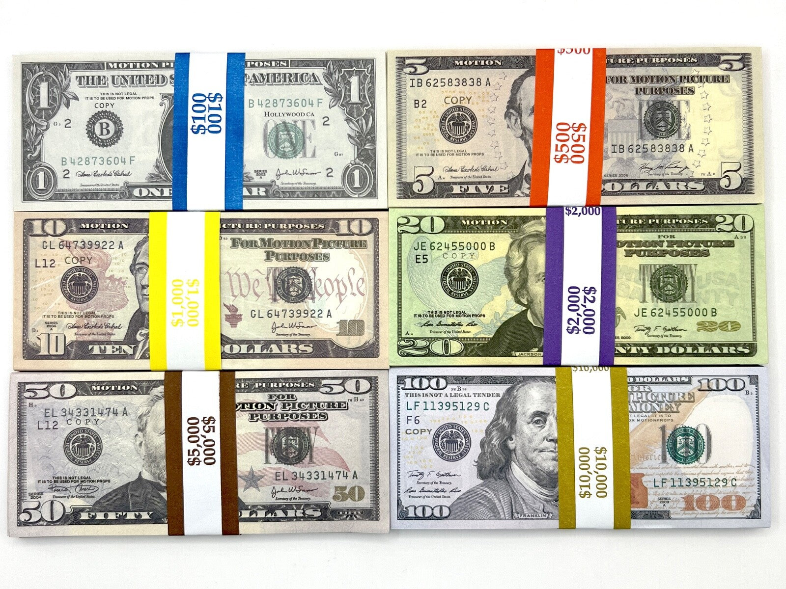 Prop Money Replica Bills – 600 Bills, All 6 Denominations ($1–$100)